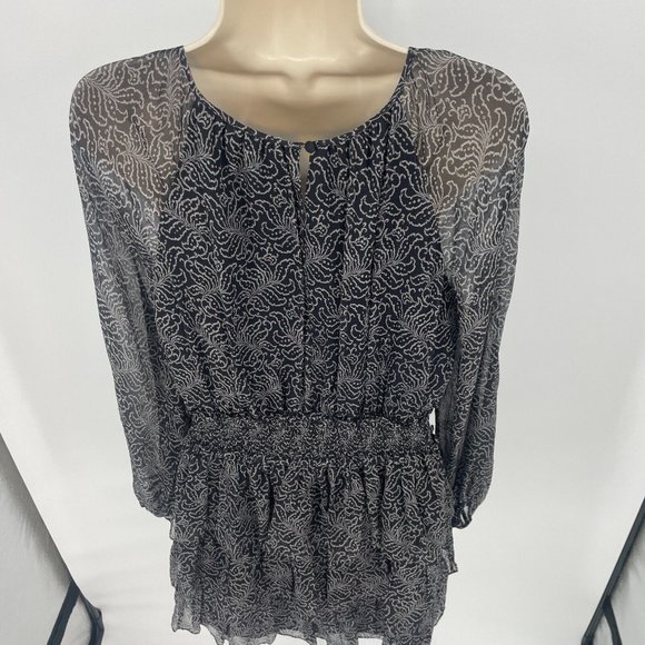 cinq a sept Black Mini Dress Sz 6 Tiered Print Silk Long Sleeve Smocked Babydoll - Picture 9 of 16